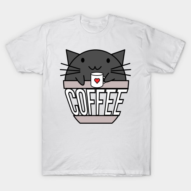 Happy cat in coffee cup holding a cup with warped text black T-Shirt by coffeewithkitty